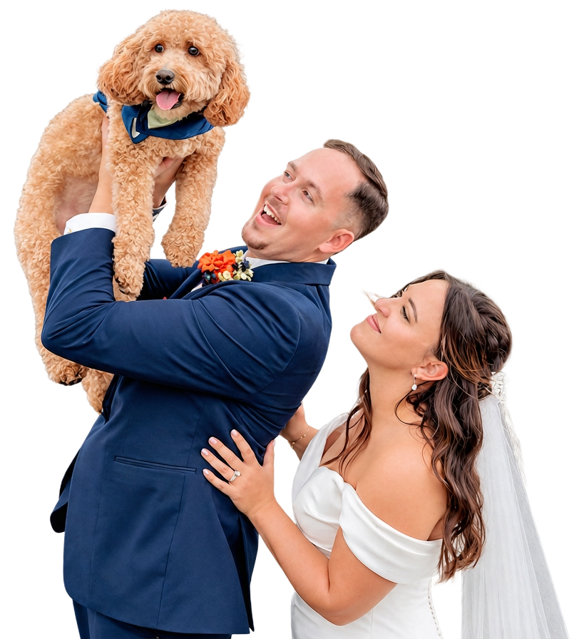 A groom in a navy suit lifting his apricot doodle in the air while the bride in a white gown looks up at them both